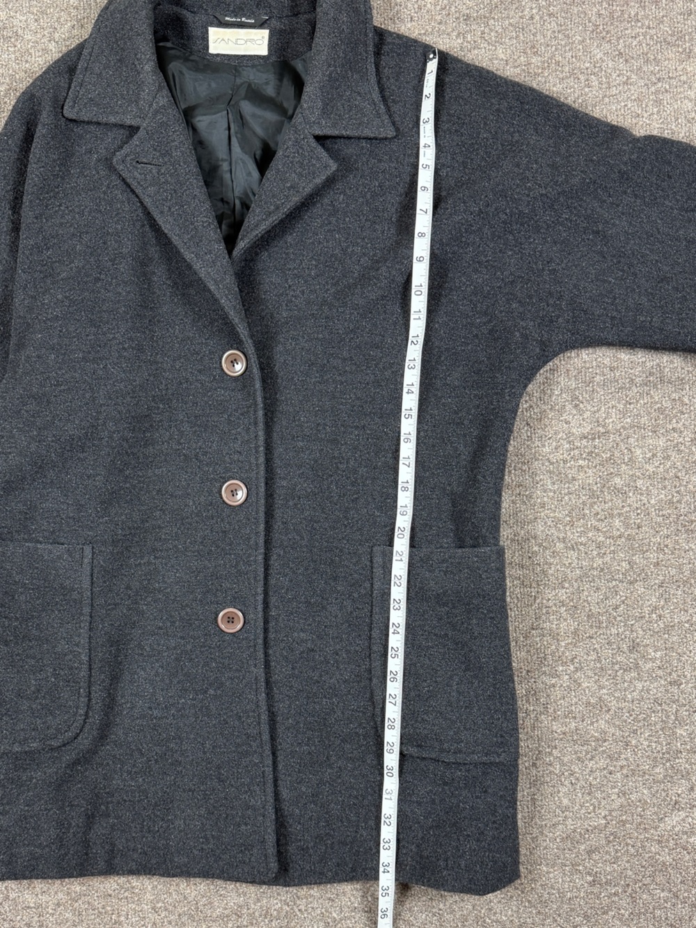 Vintage Sandro Grey Wool Mid Length Single Breasted Coat Womens 14 Drop Shoulder - Picture 6 of 7